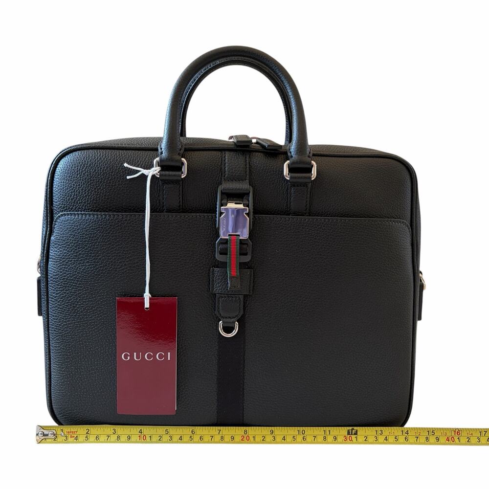 Gucci Medium Briefcase with Web Men's Black Full Grain Leather 816757 NWT - Picture 9 of 16